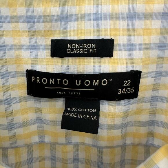 Pronto Uomo Classic Fit Dress Shirt Mens 22 34/35 Non Iron Button Up Yellow Blue - Picture 2 of 8